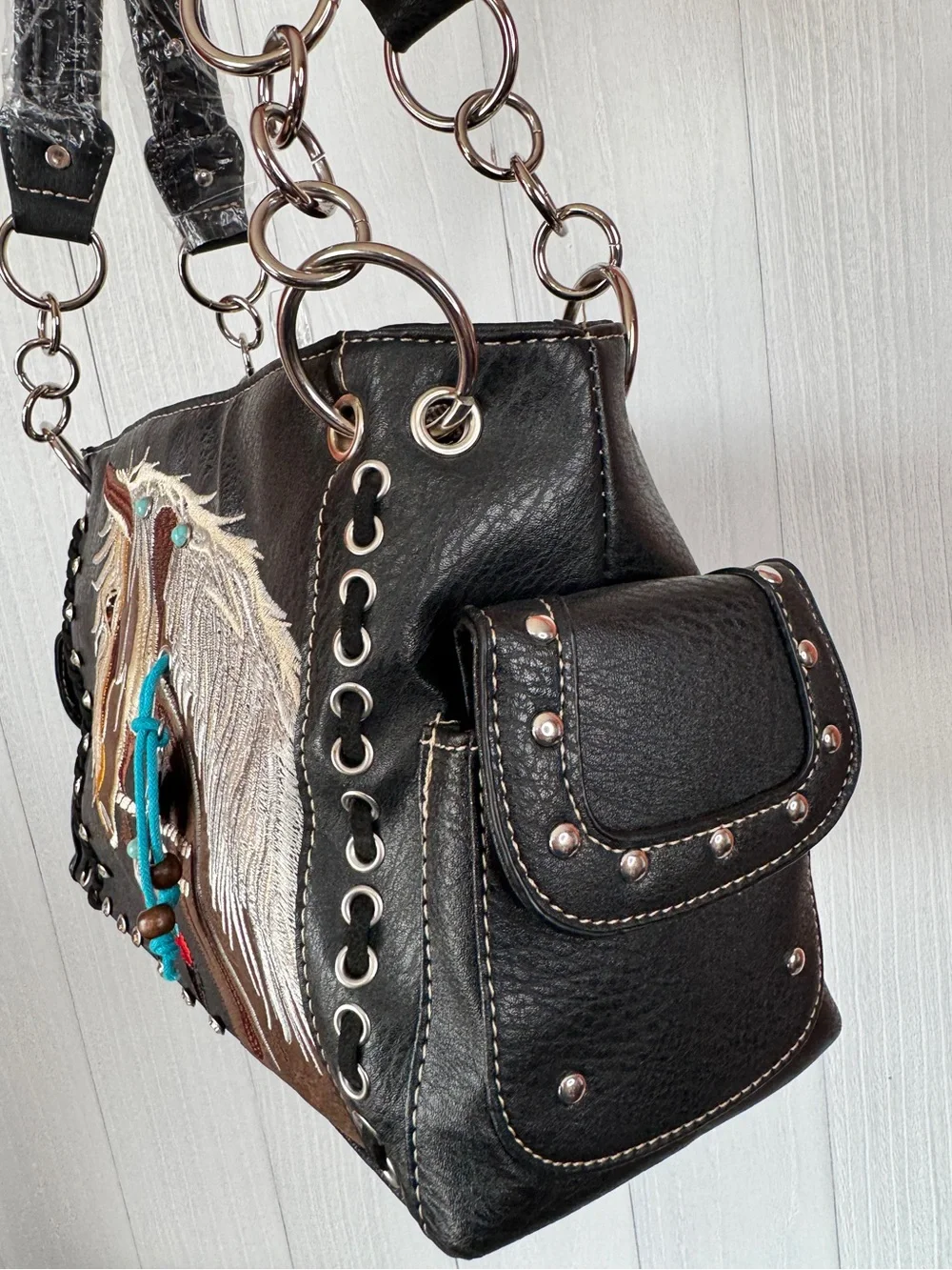 Black Embroidered Horse Satchel and Wallet Set